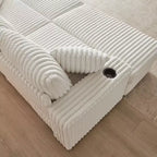 Divano 3 posti in velluto a coste da 84 pollici con 3 cuscini per lo schienale, 2 cuscini decorativi, 2 pouf, 2 vani portaoggetti e scanalature portabicchieri
