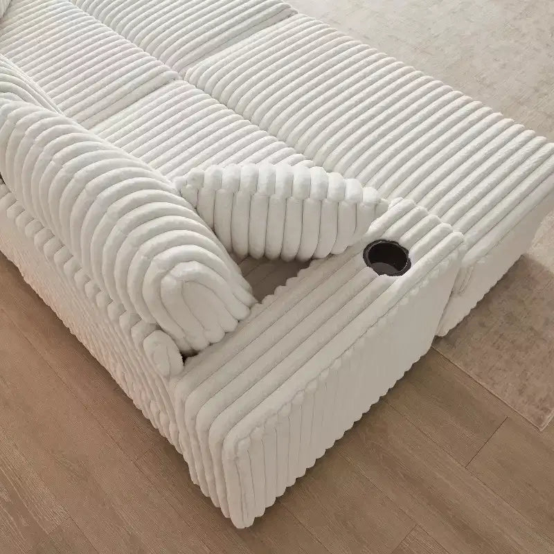 Divano 3 posti in velluto a coste da 84 pollici con 3 cuscini per lo schienale, 2 cuscini decorativi, 2 pouf, 2 vani portaoggetti e scanalature portabicchieri