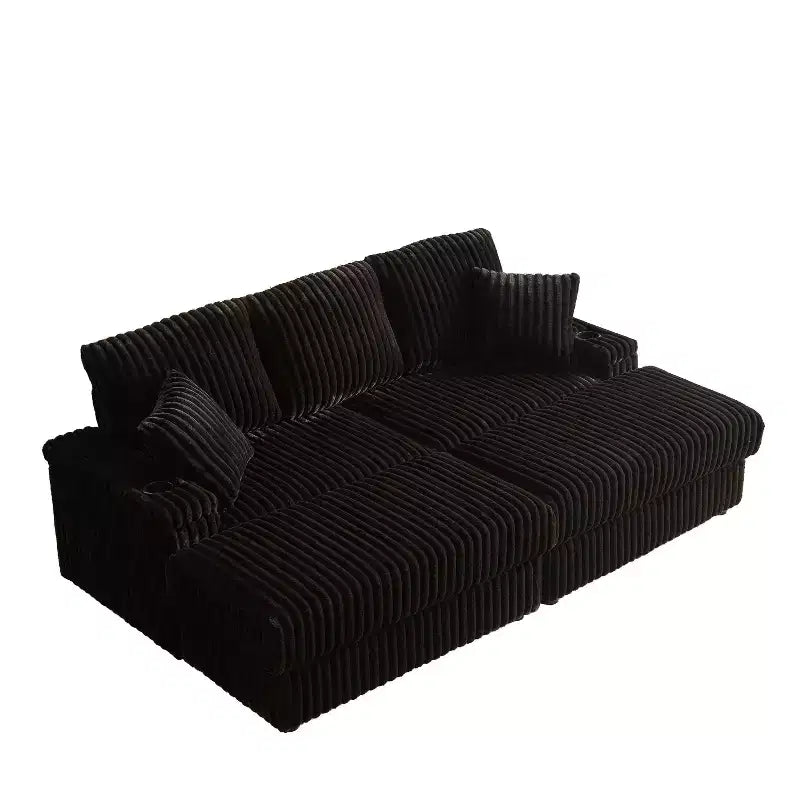 Divano 3 posti in velluto a coste da 84 pollici con 3 cuscini per lo schienale, 2 cuscini decorativi, 2 pouf, 2 vani portaoggetti e scanalature portabicchieri