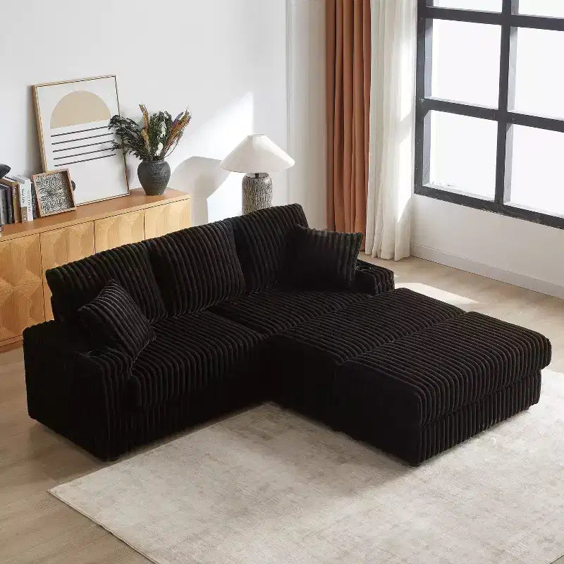 Divano 3 posti in velluto a coste da 84 pollici con 3 cuscini per lo schienale, 2 cuscini decorativi, 2 pouf, 2 vani portaoggetti e scanalature portabicchieri