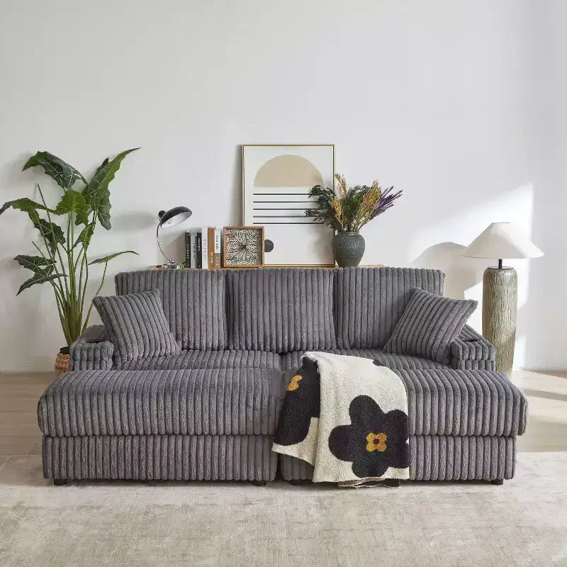 Divano 3 posti in velluto a coste da 84 pollici con 3 cuscini per lo schienale, 2 cuscini decorativi, 2 pouf, 2 vani portaoggetti e scanalature portabicchieri