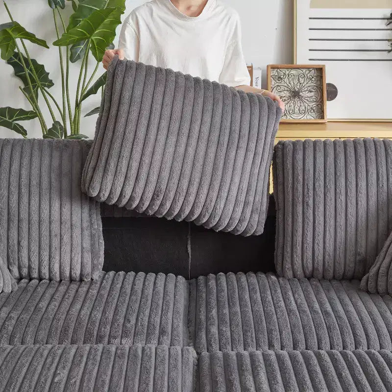 Divano 3 posti in velluto a coste da 84 pollici con 3 cuscini per lo schienale, 2 cuscini decorativi, 2 pouf, 2 vani portaoggetti e scanalature portabicchieri