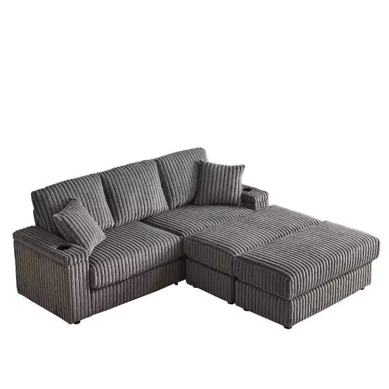 Divano 3 posti in velluto a coste da 84 pollici con 3 cuscini per lo schienale, 2 cuscini decorativi, 2 pouf, 2 vani portaoggetti e scanalature portabicchieri
