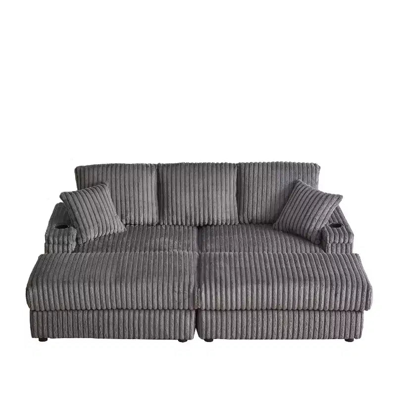 Divano 3 posti in velluto a coste da 84 pollici con 3 cuscini per lo schienale, 2 cuscini decorativi, 2 pouf, 2 vani portaoggetti e scanalature portabicchieri