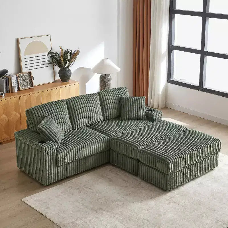 Divano 3 posti in velluto a coste da 84 pollici con 3 cuscini per lo schienale, 2 cuscini decorativi, 2 pouf, 2 vani portaoggetti e scanalature portabicchieri