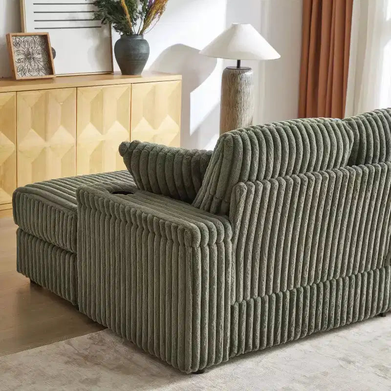 Divano 3 posti in velluto a coste da 84 pollici con 3 cuscini per lo schienale, 2 cuscini decorativi, 2 pouf, 2 vani portaoggetti e scanalature portabicchieri