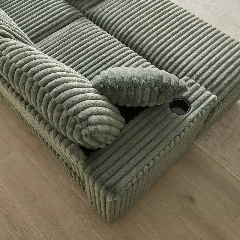 Divano 3 posti in velluto a coste da 84 pollici con 3 cuscini per lo schienale, 2 cuscini decorativi, 2 pouf, 2 vani portaoggetti e scanalature portabicchieri