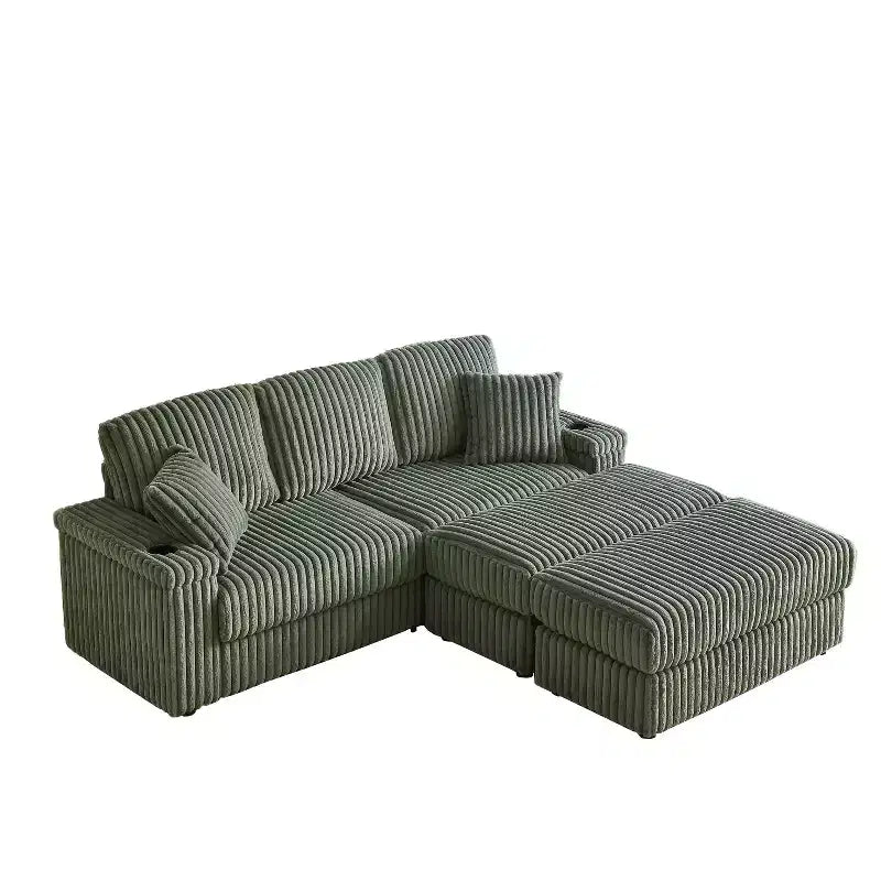 Divano 3 posti in velluto a coste da 84 pollici con 3 cuscini per lo schienale, 2 cuscini decorativi, 2 pouf, 2 vani portaoggetti e scanalature portabicchieri