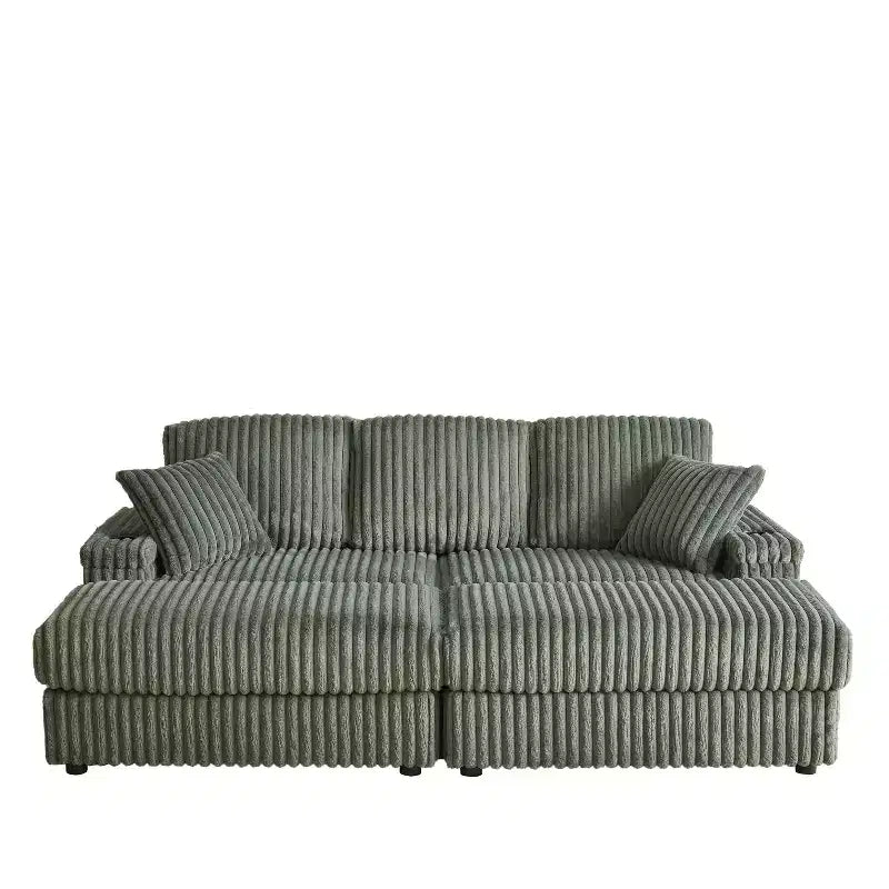 Divano 3 posti in velluto a coste da 84 pollici con 3 cuscini per lo schienale, 2 cuscini decorativi, 2 pouf, 2 vani portaoggetti e scanalature portabicchieri