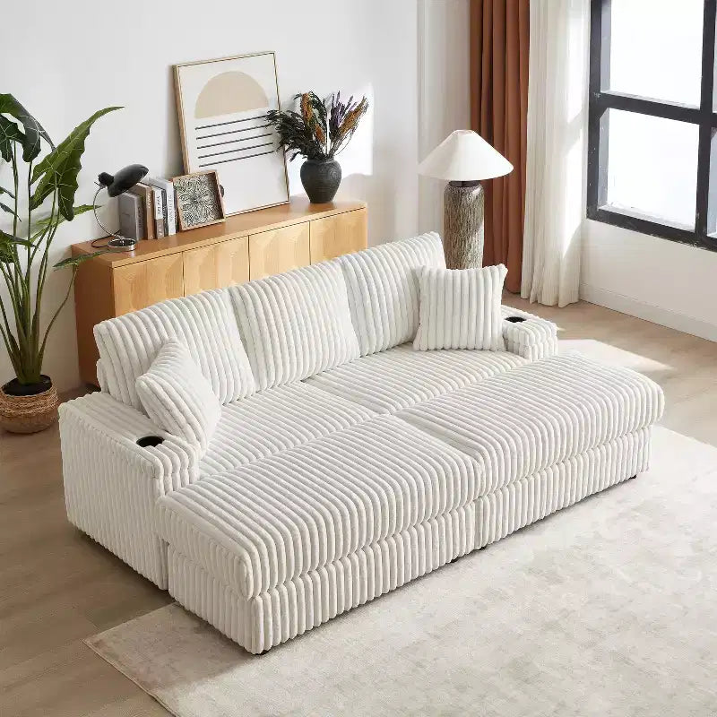 Divano 3 posti in velluto a coste da 84 pollici con 3 cuscini per lo schienale, 2 cuscini decorativi, 2 pouf, 2 vani portaoggetti e scanalature portabicchieri