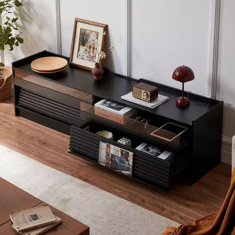 Mobile porta TV moderno Mobile TV con 4 cassetti, porte di ricarica e illuminazione LED ambientale, naturale/noce/nero-Christopher Knight Home