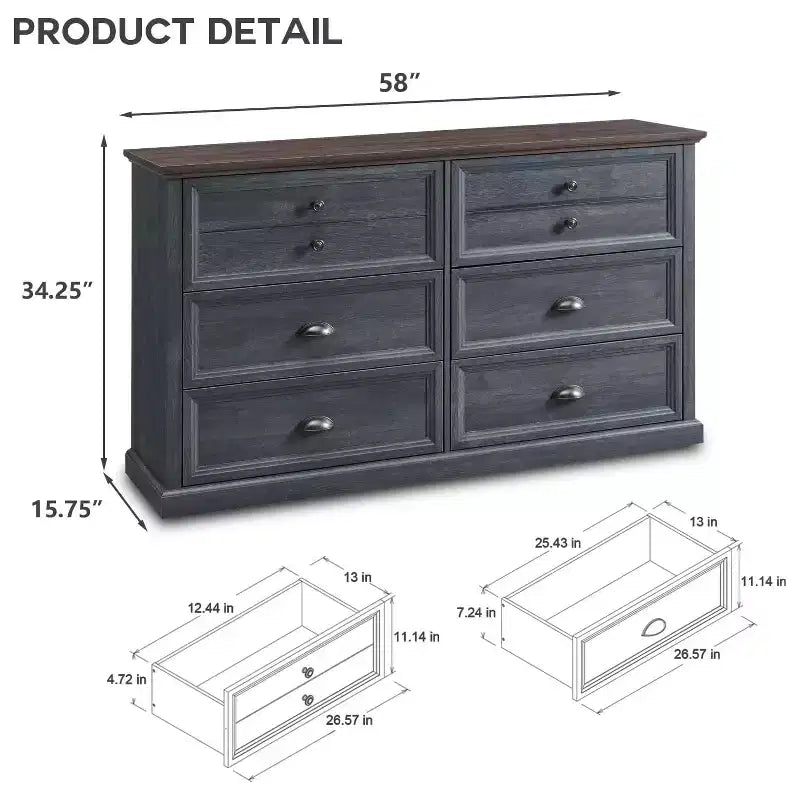 SinCiDo Cassettiera da Fattoria con 6 Cassetti, Cassettiera Verticale Larga 58 cm, Organizer per Armadio con Cassetti, 2 Diverse Misure di Cassetti per Soggiorno