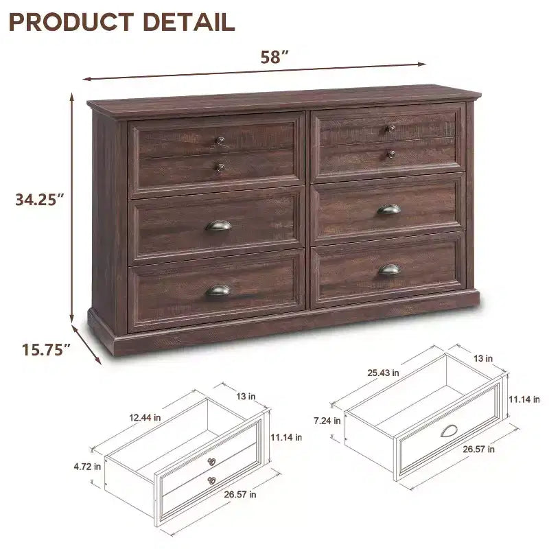 SinCiDo Cassettiera da Fattoria con 6 Cassetti, Cassettiera Verticale Larga 58 cm, Organizer per Armadio con Cassetti, 2 Diverse Misure di Cassetti per Soggiorno