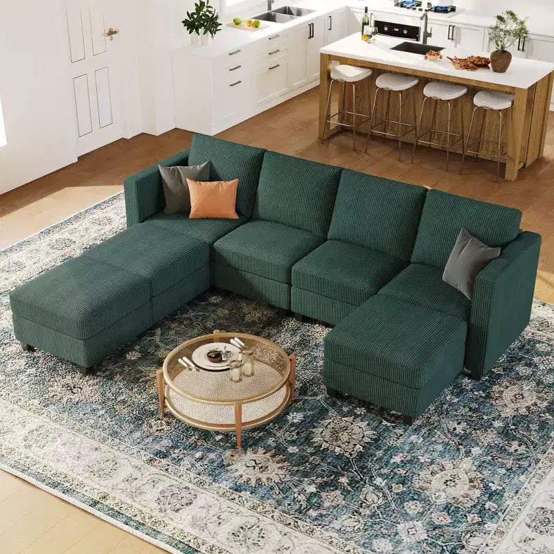 Divano componibile modulare Belffin con pouf contenitore, divano componibile a U in velluto a coste con chaise longue, divano componibile moderno convertibile