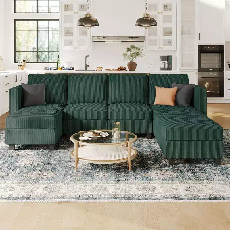 Divano componibile modulare Belffin con pouf contenitore, divano componibile a U in velluto a coste con chaise longue, divano componibile moderno convertibile