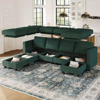 Divano componibile modulare Belffin con pouf contenitore, divano componibile a U in velluto a coste con chaise longue, divano componibile moderno convertibile