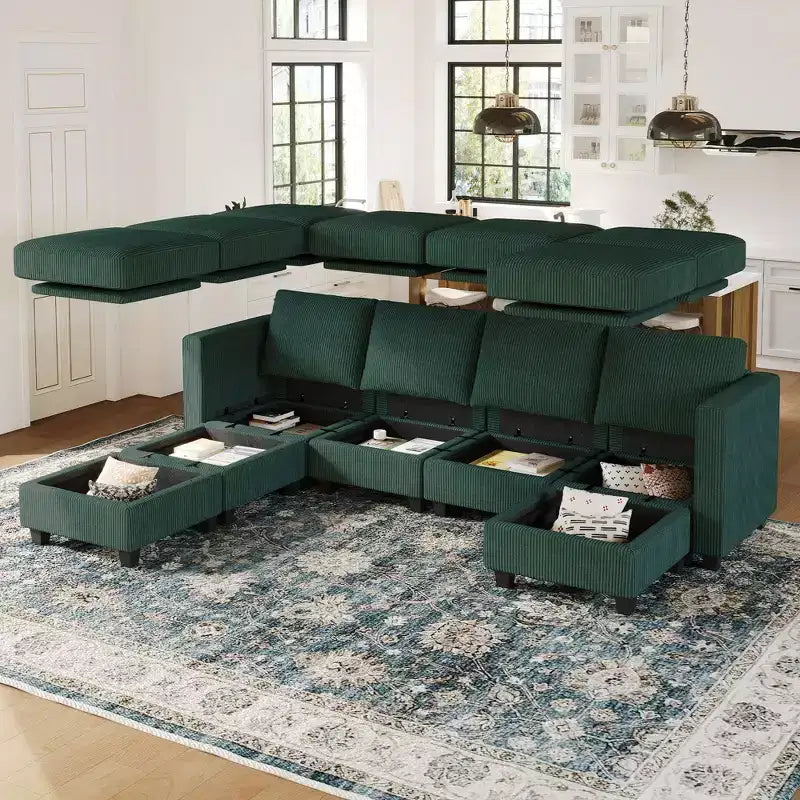 Divano componibile modulare Belffin con pouf contenitore, divano componibile a U in velluto a coste con chaise longue, divano componibile moderno convertibile