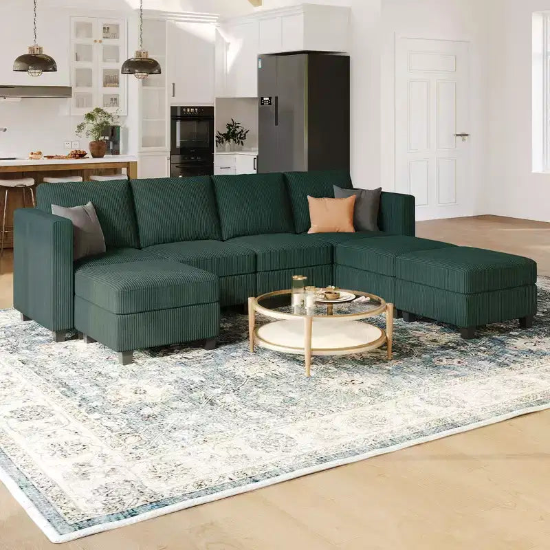Divano componibile modulare Belffin con pouf contenitore, divano componibile a U in velluto a coste con chaise longue, divano componibile moderno convertibile
