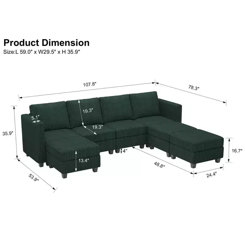 Divano componibile modulare Belffin con pouf contenitore, divano componibile a U in velluto a coste con chaise longue, divano componibile moderno convertibile