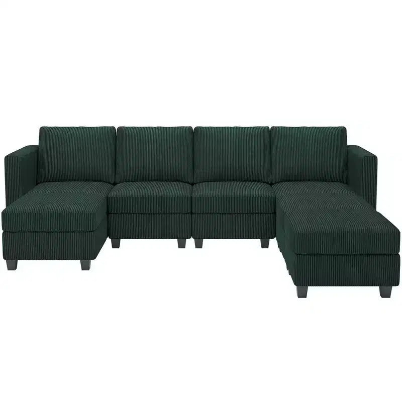 Divano componibile modulare Belffin con pouf contenitore, divano componibile a U in velluto a coste con chaise longue, divano componibile moderno convertibile