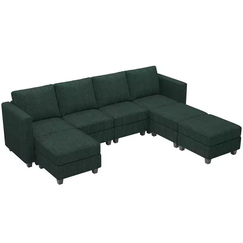 Divano componibile modulare Belffin con pouf contenitore, divano componibile a U in velluto a coste con chaise longue, divano componibile moderno convertibile