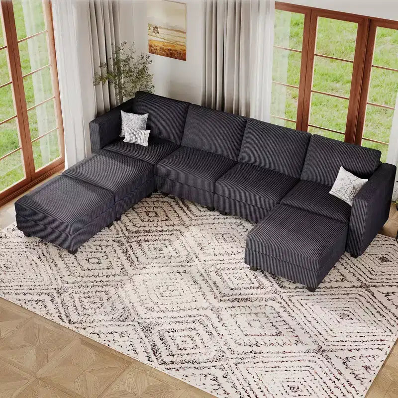 Divano componibile modulare Belffin con pouf contenitore, divano componibile a U in velluto a coste con chaise longue, divano componibile moderno convertibile
