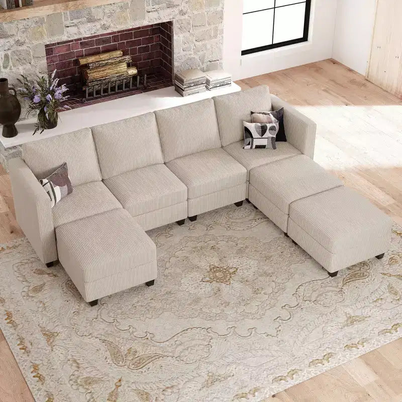 Divano componibile modulare Belffin con pouf contenitore, divano componibile a U in velluto a coste con chaise longue, divano componibile moderno convertibile