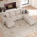 Divano componibile modulare Belffin con pouf contenitore, divano componibile a U in velluto a coste con chaise longue, divano componibile moderno convertibile