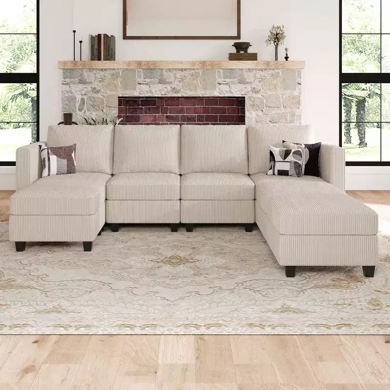 Divano componibile modulare Belffin con pouf contenitore, divano componibile a U in velluto a coste con chaise longue, divano componibile moderno convertibile