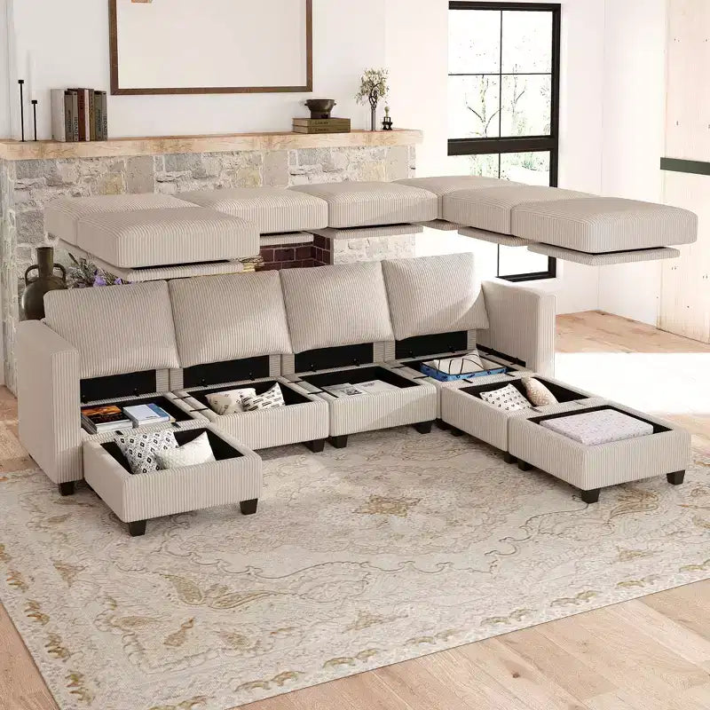 Divano componibile modulare Belffin con pouf contenitore, divano componibile a U in velluto a coste con chaise longue, divano componibile moderno convertibile
