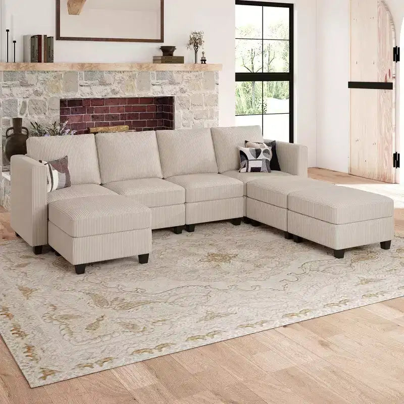 Divano componibile modulare Belffin con pouf contenitore, divano componibile a U in velluto a coste con chaise longue, divano componibile moderno convertibile