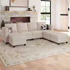Divano componibile modulare Belffin con pouf contenitore, divano componibile a U in velluto a coste con chaise longue, divano componibile moderno convertibile