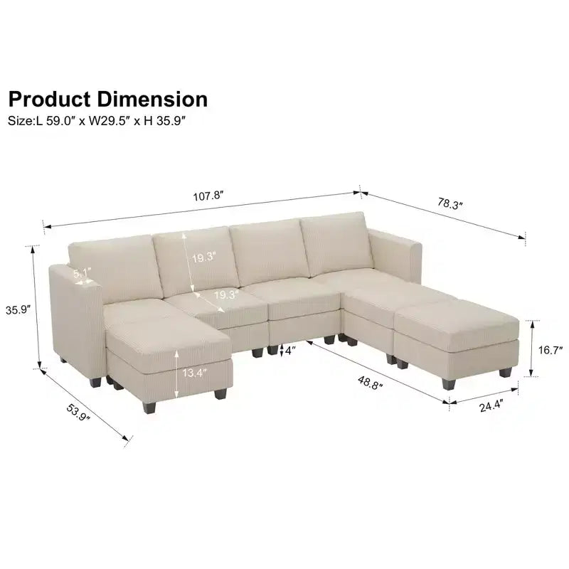 Divano componibile modulare Belffin con pouf contenitore, divano componibile a U in velluto a coste con chaise longue, divano componibile moderno convertibile