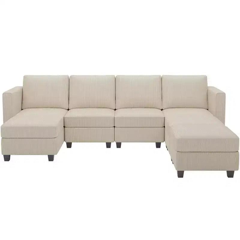 Divano componibile modulare Belffin con pouf contenitore, divano componibile a U in velluto a coste con chaise longue, divano componibile moderno convertibile