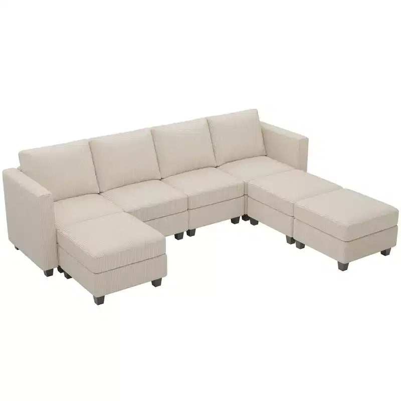 Divano componibile modulare Belffin con pouf contenitore, divano componibile a U in velluto a coste con chaise longue, divano componibile moderno convertibile