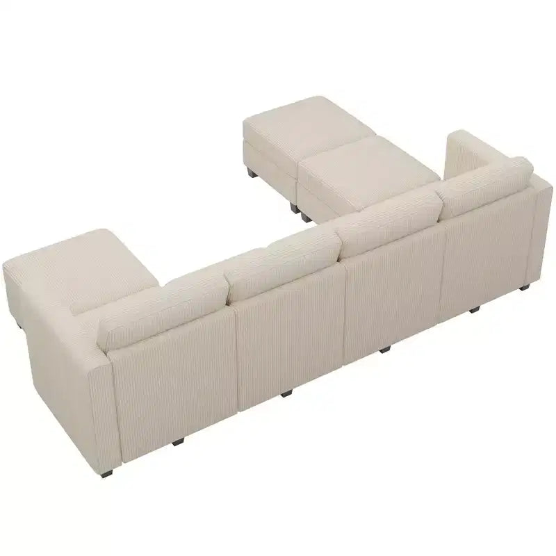 Divano componibile modulare Belffin con pouf contenitore, divano componibile a U in velluto a coste con chaise longue, divano componibile moderno convertibile