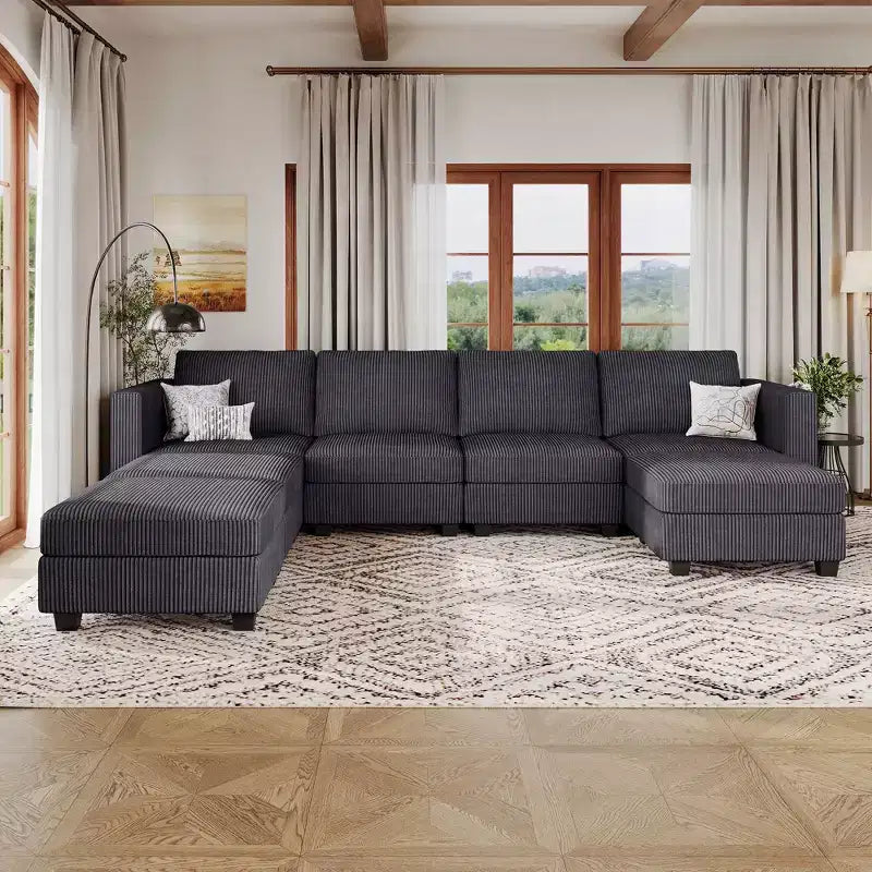 Divano componibile modulare Belffin con pouf contenitore, divano componibile a U in velluto a coste con chaise longue, divano componibile moderno convertibile