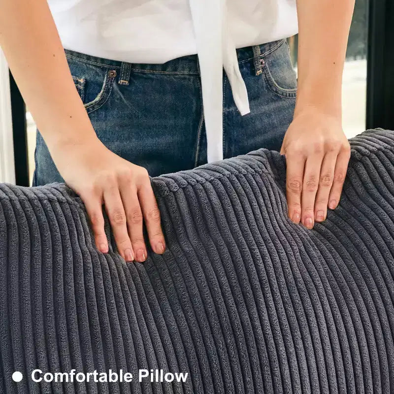 Divano componibile modulare Belffin con pouf contenitore, divano componibile a U in velluto a coste con chaise longue, divano componibile moderno convertibile