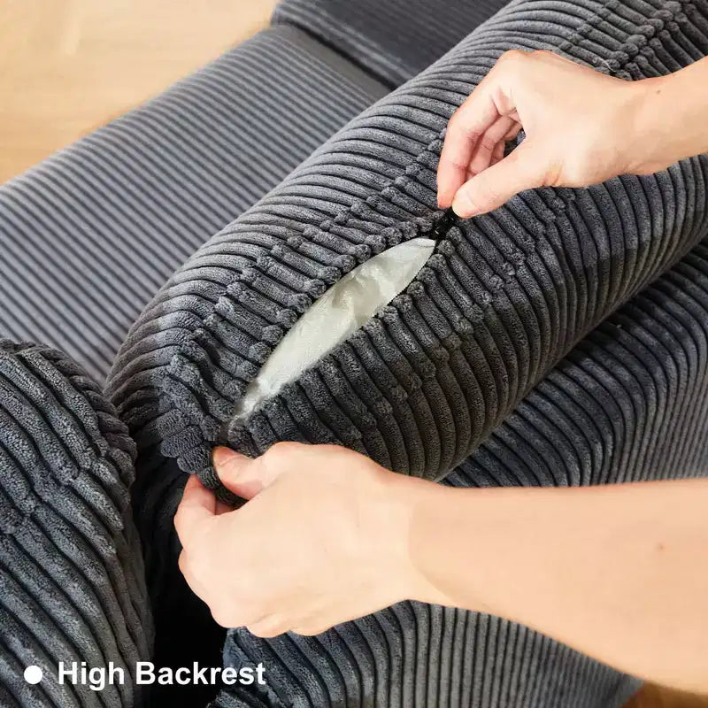 Divano componibile modulare Belffin con pouf contenitore, divano componibile a U in velluto a coste con chaise longue, divano componibile moderno convertibile