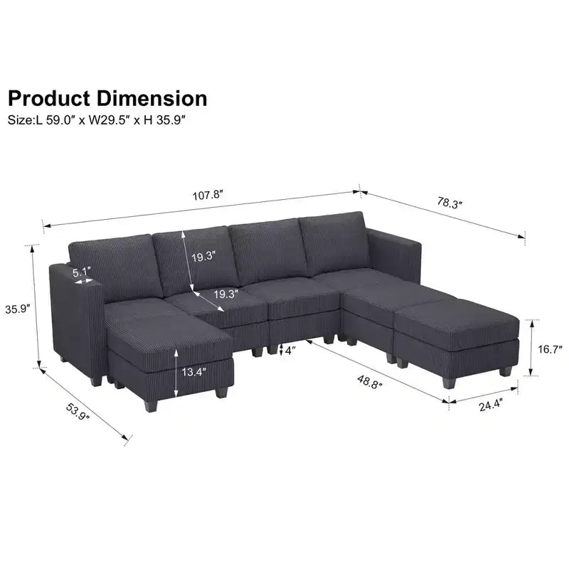 Divano componibile modulare Belffin con pouf contenitore, divano componibile a U in velluto a coste con chaise longue, divano componibile moderno convertibile