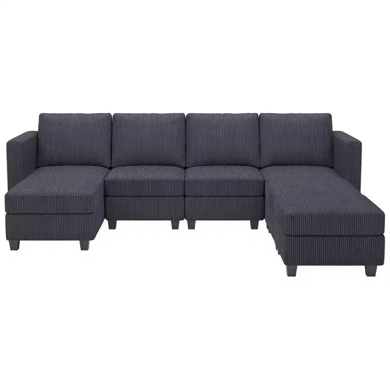 Divano componibile modulare Belffin con pouf contenitore, divano componibile a U in velluto a coste con chaise longue, divano componibile moderno convertibile