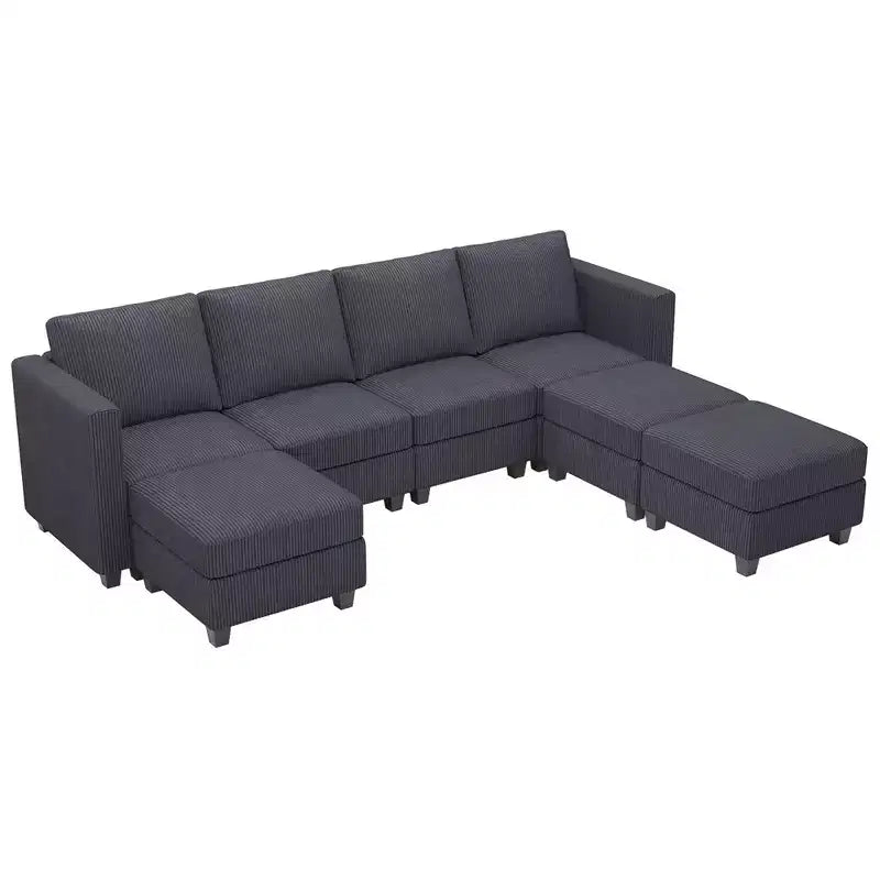 Divano componibile modulare Belffin con pouf contenitore, divano componibile a U in velluto a coste con chaise longue, divano componibile moderno convertibile