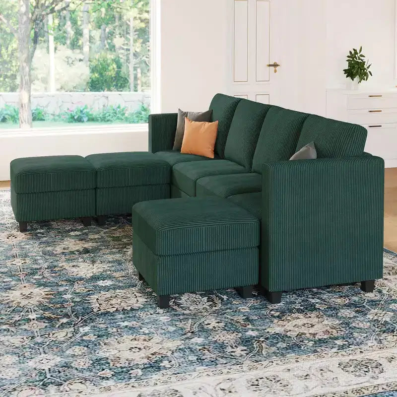 Divano componibile modulare Belffin con pouf contenitore, divano componibile a U in velluto a coste con chaise longue, divano componibile moderno convertibile