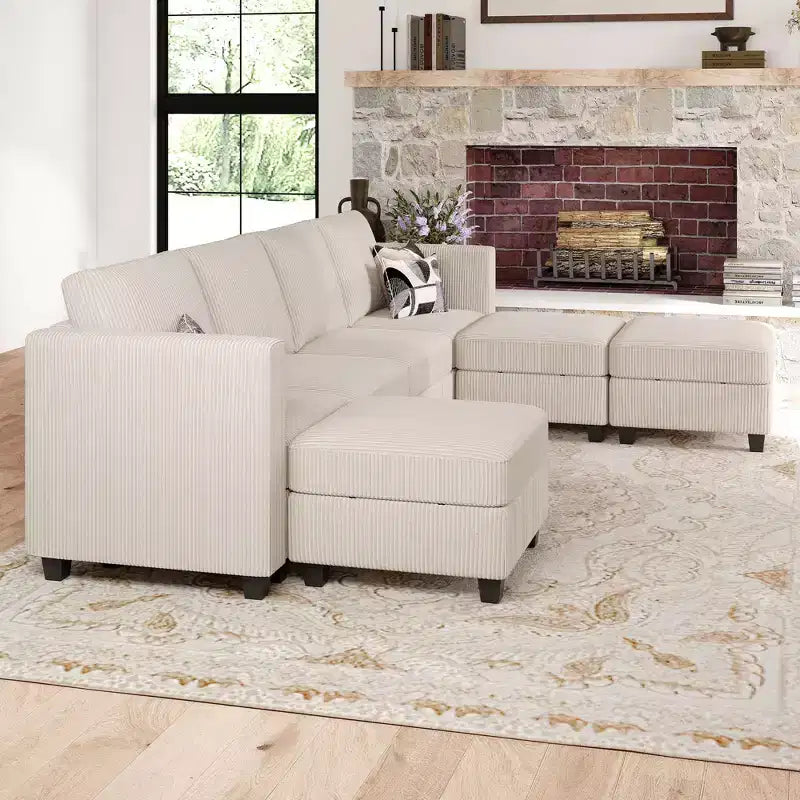 Divano componibile modulare Belffin con pouf contenitore, divano componibile a U in velluto a coste con chaise longue, divano componibile moderno convertibile