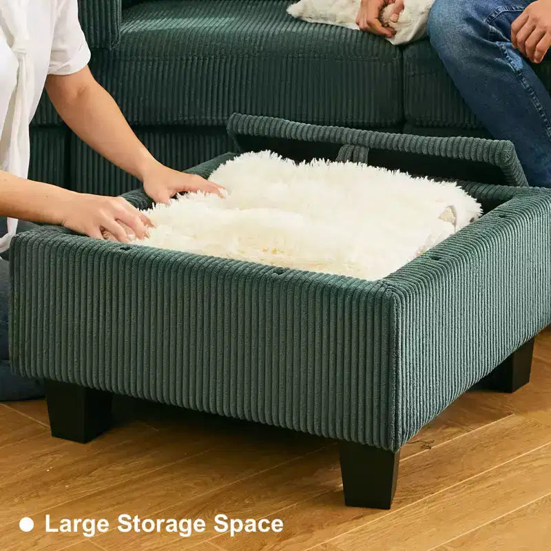 Divano componibile Belffin con pouf contenitore, divano componibile di lusso in velluto a coste con chaise longue, componibile moderno convertibile per soggiorno