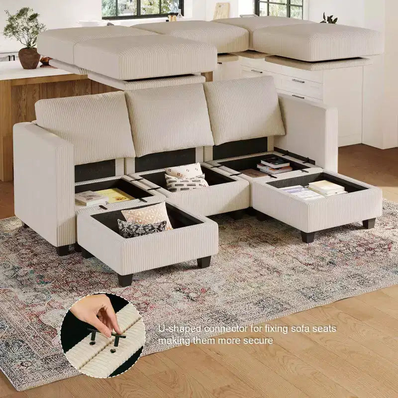 Divano componibile Belffin con pouf contenitore, divano componibile di lusso in velluto a coste con chaise longue, componibile moderno convertibile per soggiorno