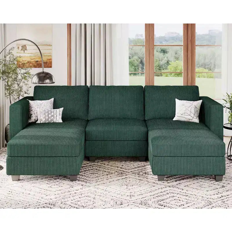 Divano componibile Belffin con pouf contenitore, divano componibile di lusso in velluto a coste con chaise longue, componibile moderno convertibile per soggiorno