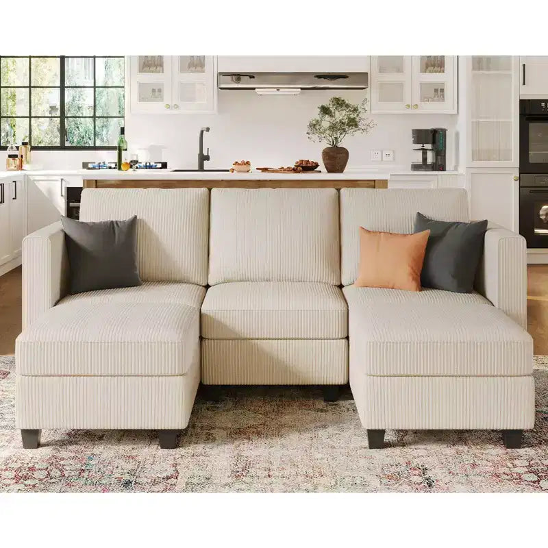 Divano componibile Belffin con pouf contenitore, divano componibile di lusso in velluto a coste con chaise longue, componibile moderno convertibile per soggiorno