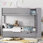 Letto a Castello Gemello su Gemello/Matrimoniale su Matrimoniale con 2 Cassetti e Armadietto Multistrato, Soluzione Salvaspazio, Bianco/Grigio - ModernLuxe