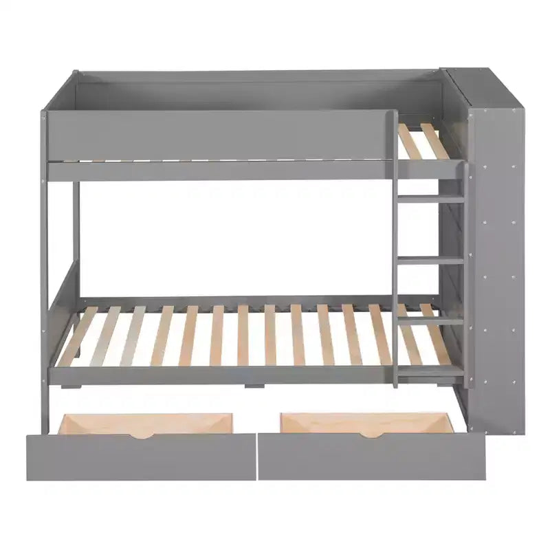 Letto a Castello Gemello su Gemello/Matrimoniale su Matrimoniale con 2 Cassetti e Armadietto Multistrato, Soluzione Salvaspazio, Bianco/Grigio - ModernLuxe